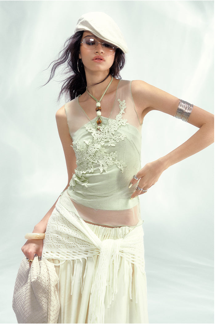 Brown Mesh Lace Sleeveless Blouse