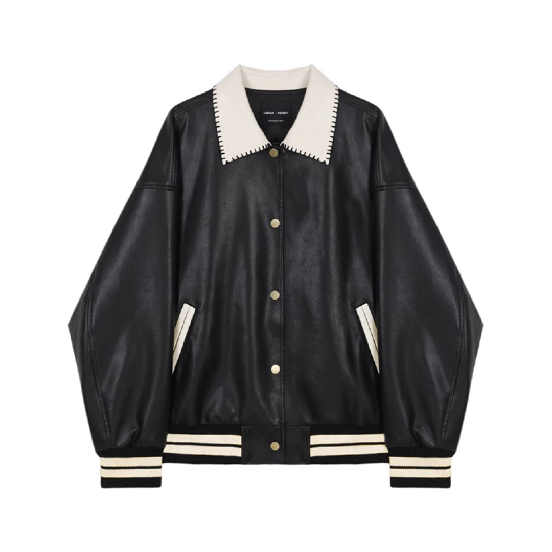 Bicolor Loose Leather Jacket - chiclara