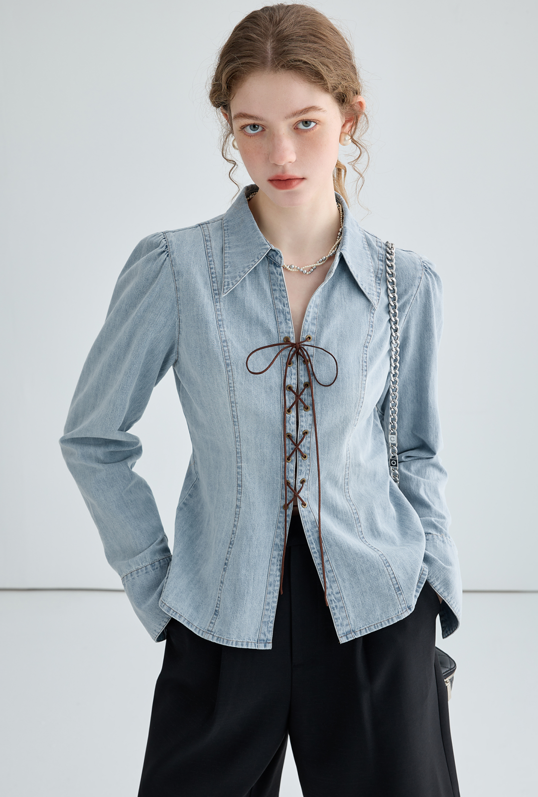 Lace-Up Denim Blouse - chiclara