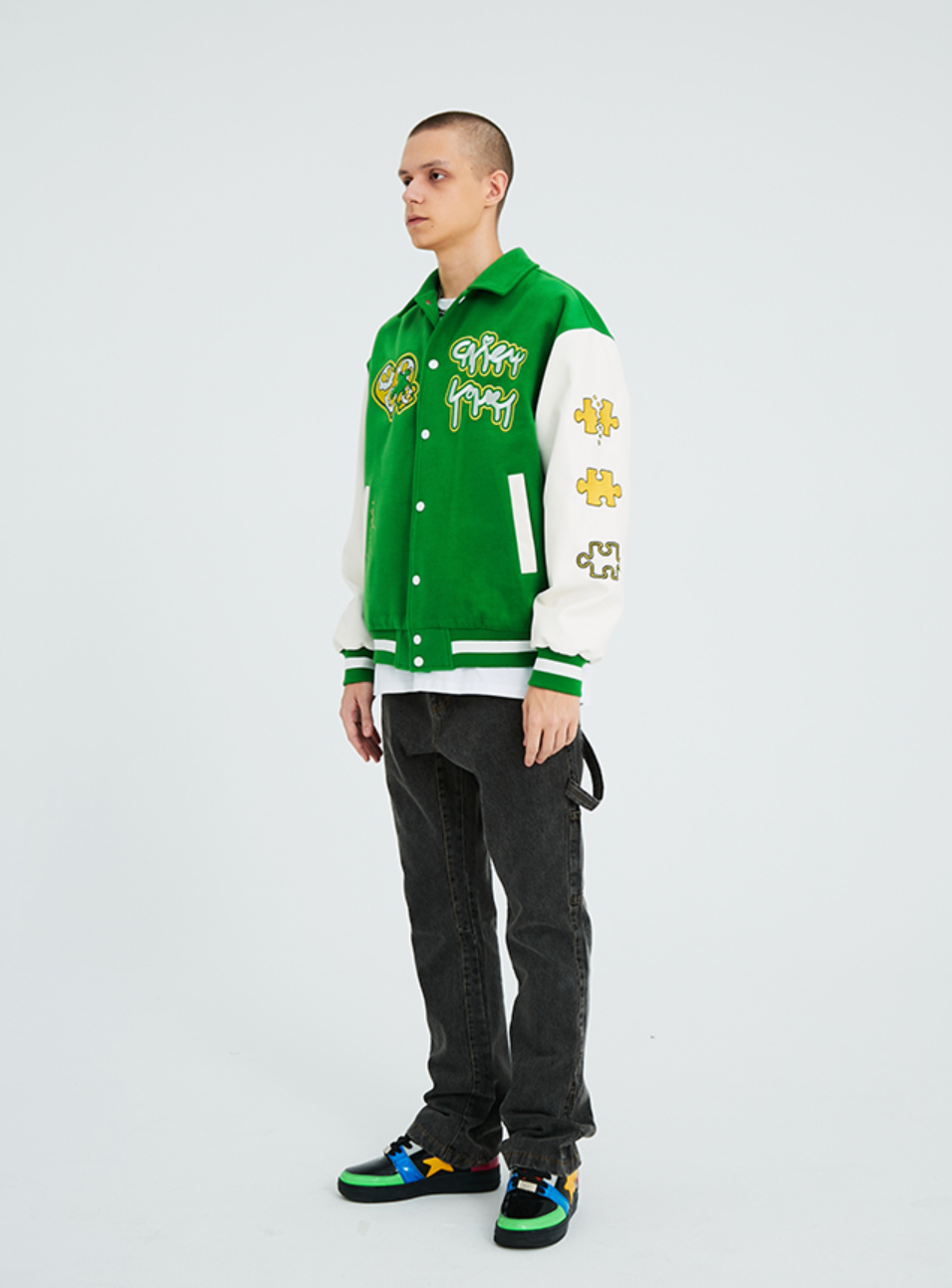 Intricate Puzzle Embroidered Baseball Jacket - chiclara