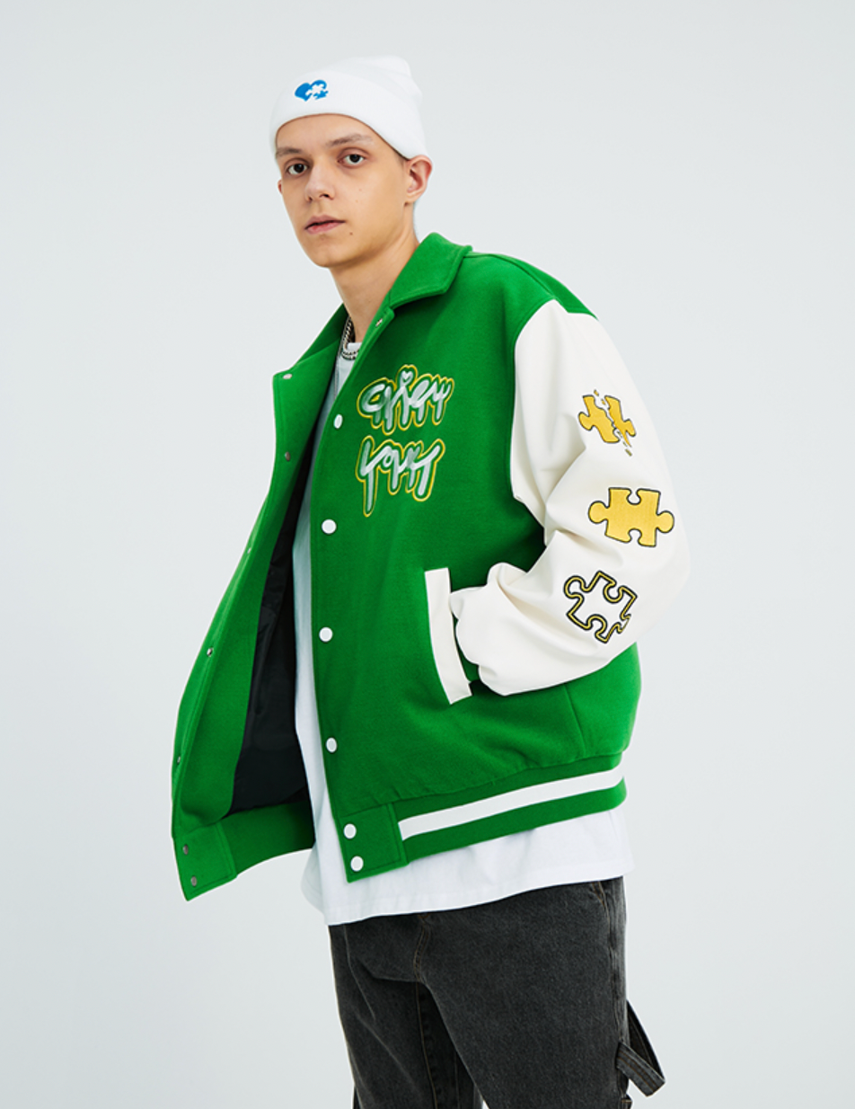 Intricate Puzzle Embroidered Baseball Jacket - chiclara