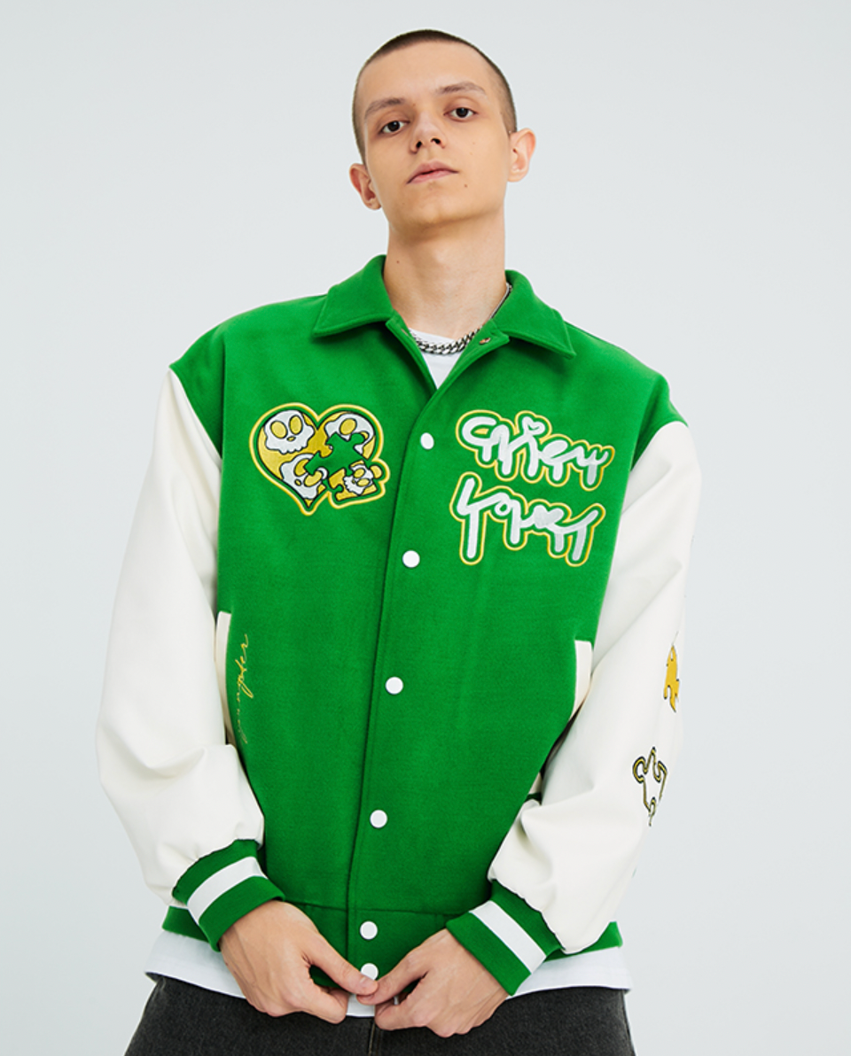 Intricate Puzzle Embroidered Baseball Jacket - chiclara