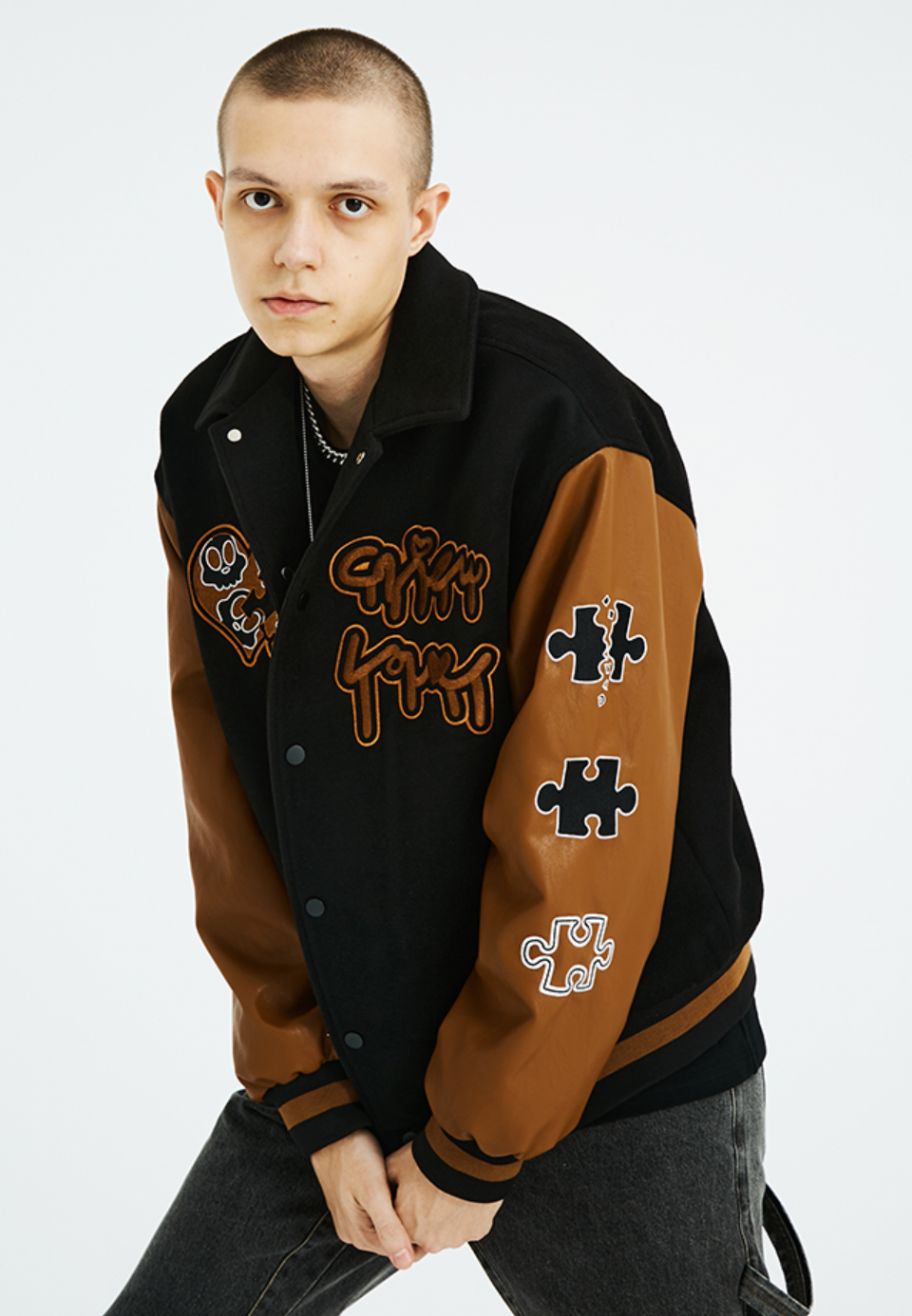 Intricate Puzzle Embroidered Baseball Jacket - chiclara