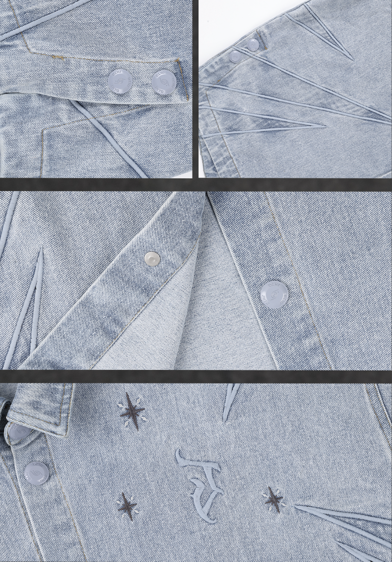 Denim Shirt Jacket with Star Embroidery - chiclara
