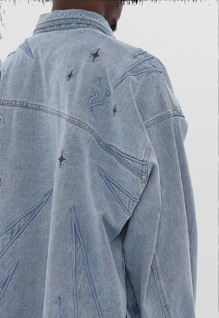 Denim Shirt Jacket with Star Embroidery - chiclara