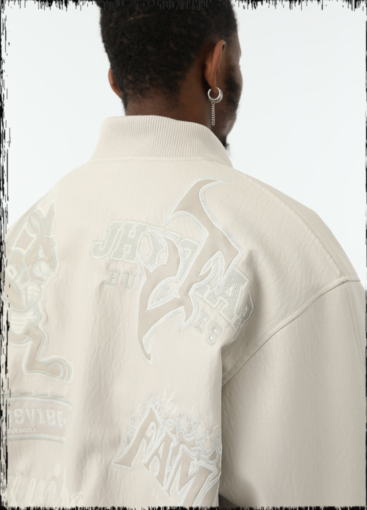 Baseball Jacket in Embroidered Polyurethane Leather - chiclara