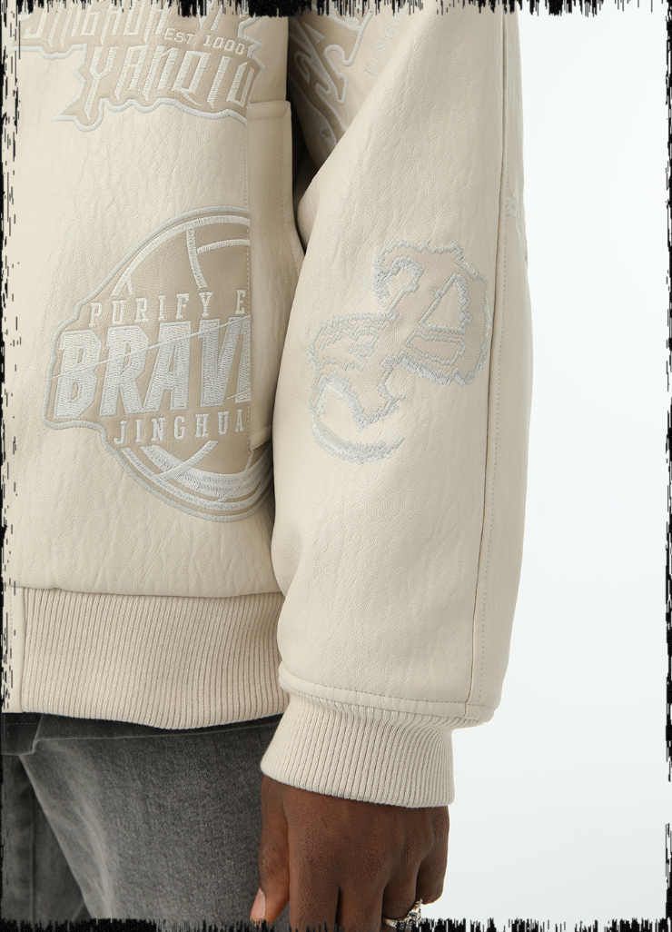 Baseball Jacket in Embroidered Polyurethane Leather - chiclara