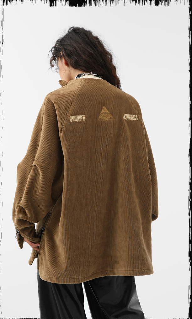 Corduroy Jacket with Embroidered Neck and Zipper - chiclara