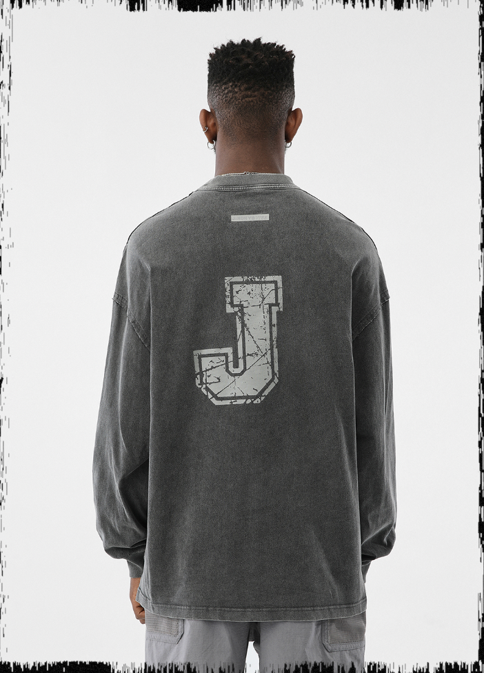 Letter J Series Washed Long Sleeve T-Shirt - chiclara