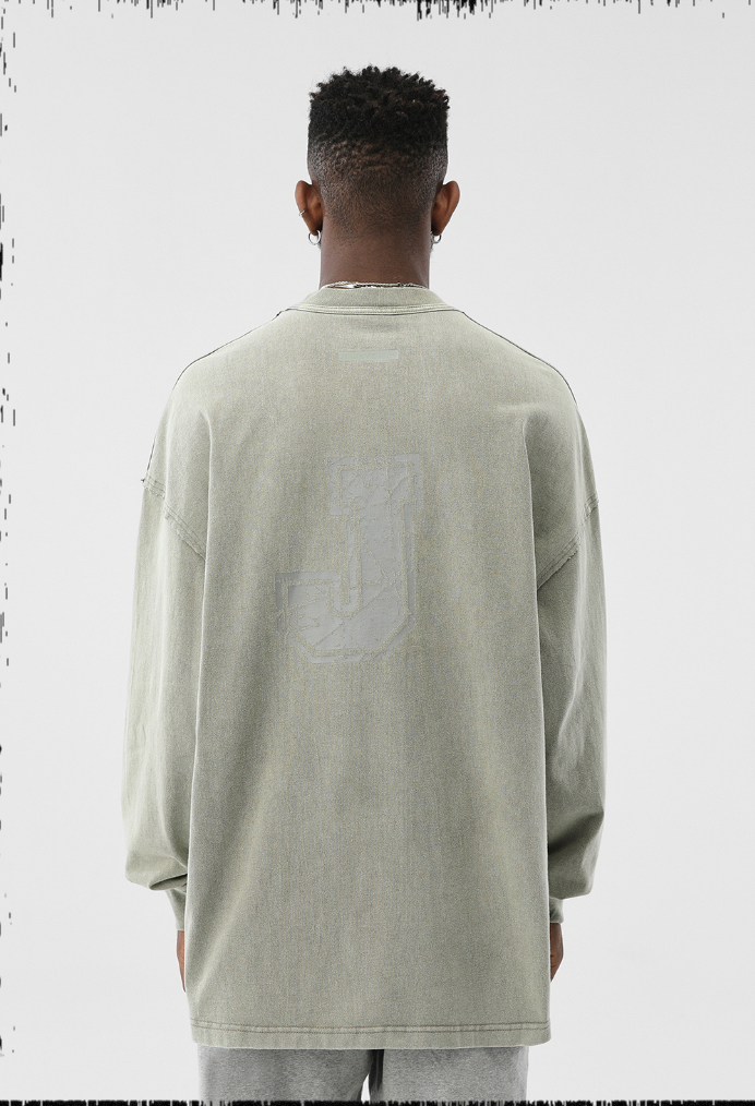 Letter J Series Washed Long Sleeve T-Shirt - chiclara