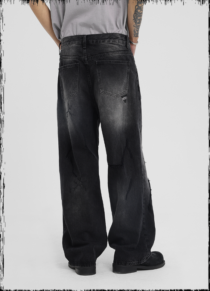 Embroidered Wide Leg Denim Jeans - chiclara