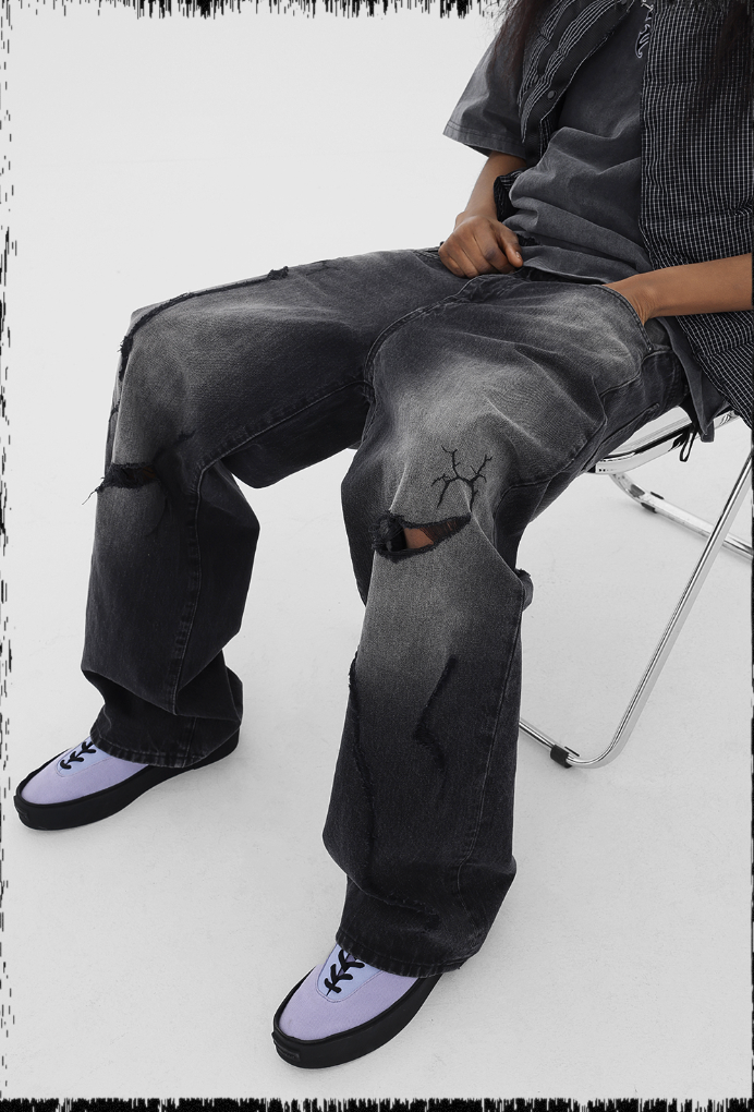 Embroidered Wide Leg Denim Jeans - chiclara