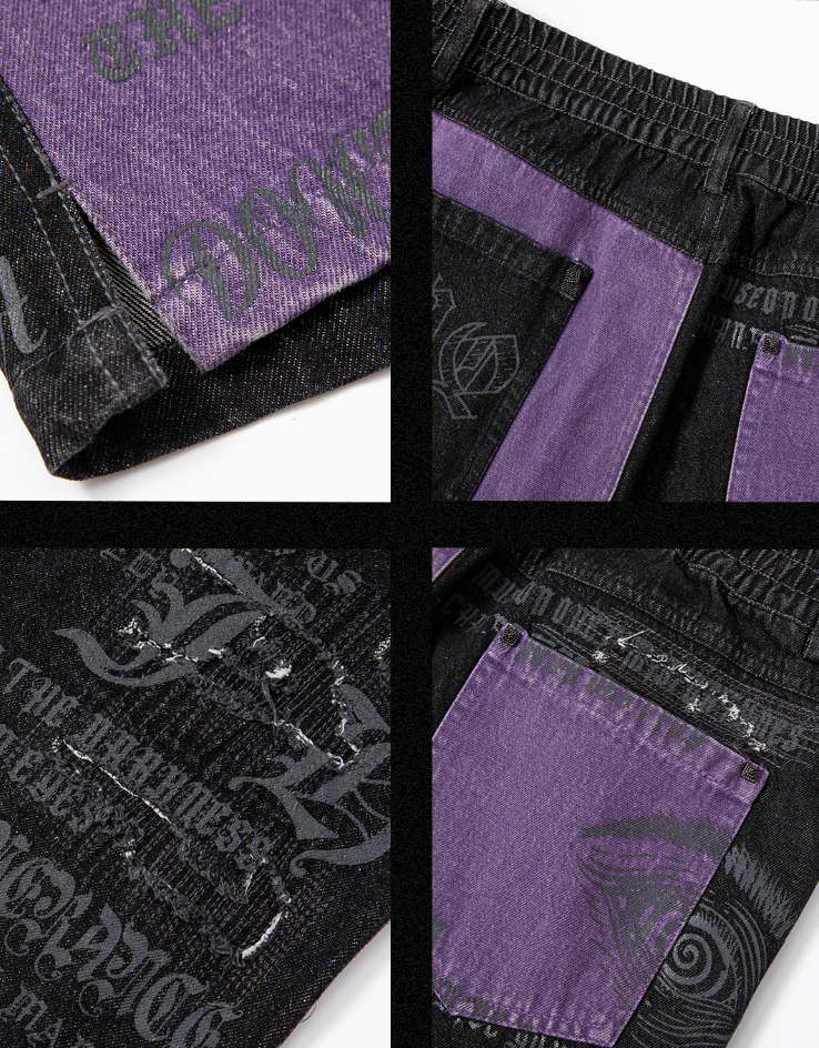 Torn Patch Print Color Blocking Denim Jeans - chiclara