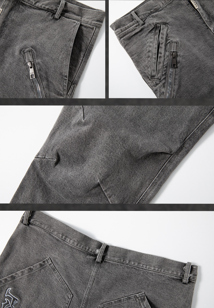 Washed Slim Zipper Patchwork Denim Jeans - chiclara