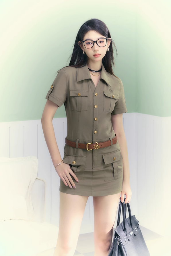 Safari-Style Utility Mini Dress: Olive Green Button-Down with Multi-Pocket Design and Logo Detail