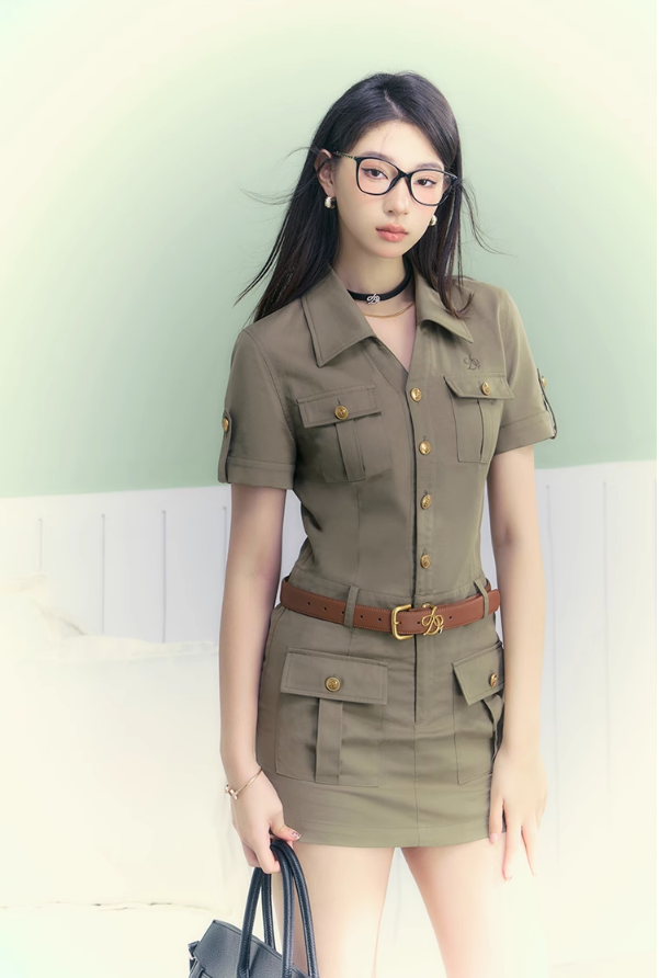 Safari-Style Utility Mini Dress: Olive Green Button-Down with Multi-Pocket Design and Logo Detail