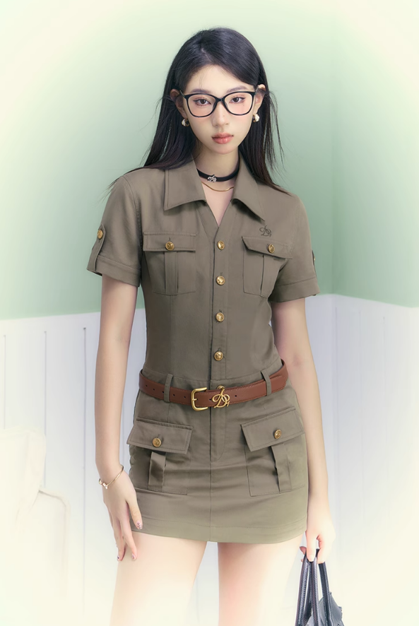 Safari-Style Utility Mini Dress: Olive Green Button-Down with Multi-Pocket Design and Logo Detail