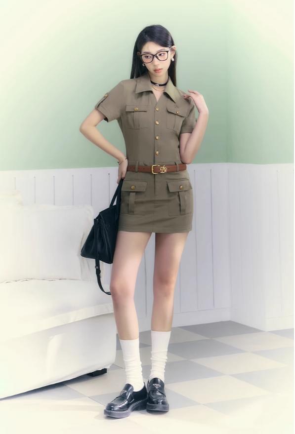 Safari-Style Utility Mini Dress: Olive Green Button-Down with Multi-Pocket Design and Logo Detail