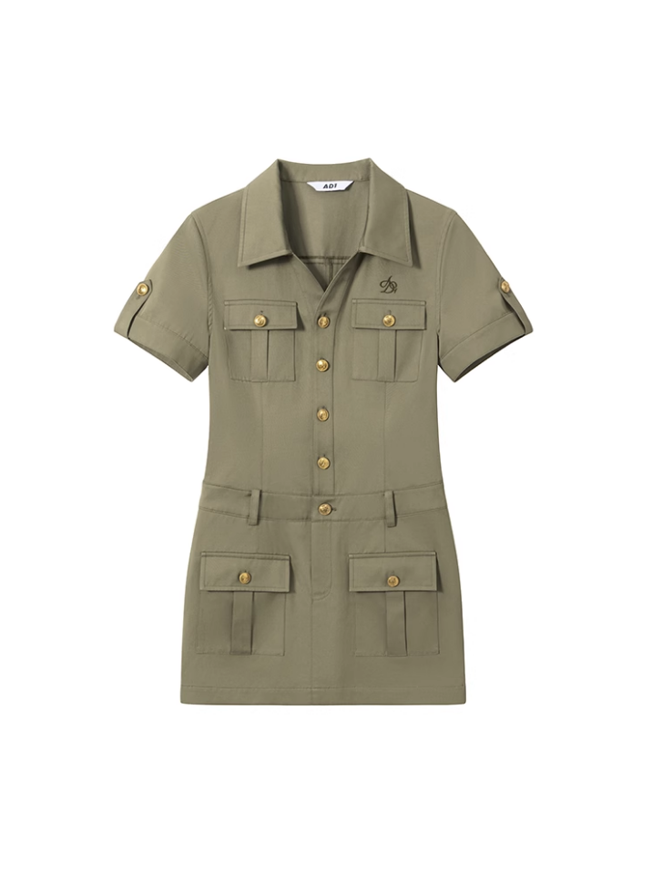 Safari-Style Utility Mini Dress: Olive Green Button-Down with Multi-Pocket Design and Logo Detail