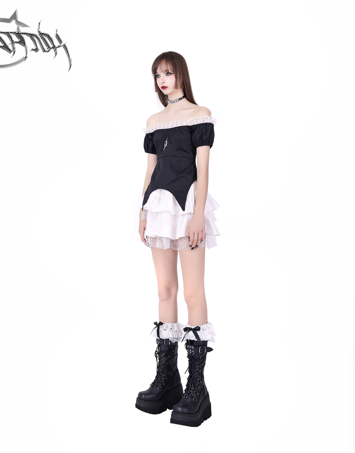 PINKSPINK Gothic Lolita Off-Shoulder Dress - Black and White