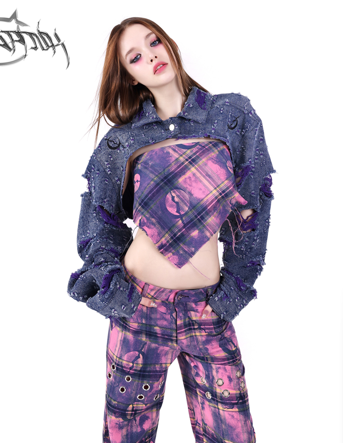 PINKSPINK Grunge Plaid Crop Bandana Top - Purple/Pink