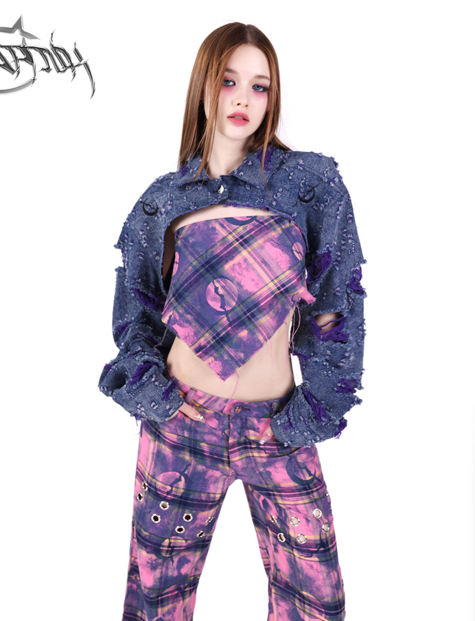 PINKSPINK Grunge Plaid Crop Bandana Top - Purple/Pink