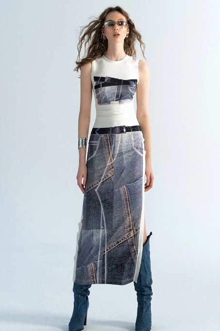 Denim Print Sleeveless Slim Dress - chiclara