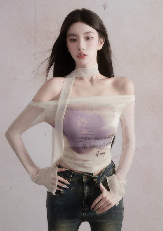 Off-Shoulder Watercolor Text Print Crop Top with Bell Sleeves