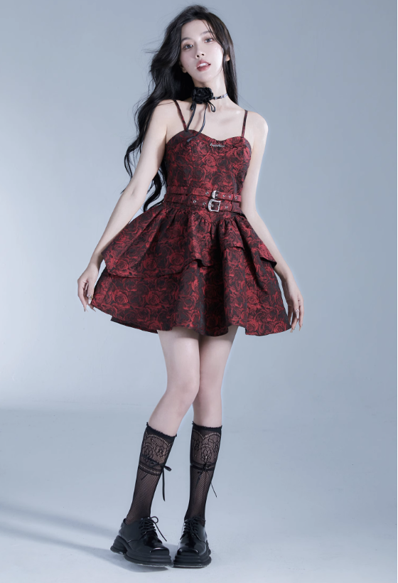 Gothic Floral Brocade Mini Dress - Burgundy Spaghetti Strap Belted Party Dress with Tiered Skirt