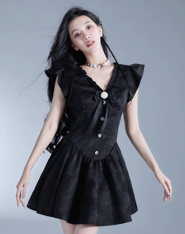 Vintage-Inspired Black Flutter Sleeve Mini Dress with Button Front