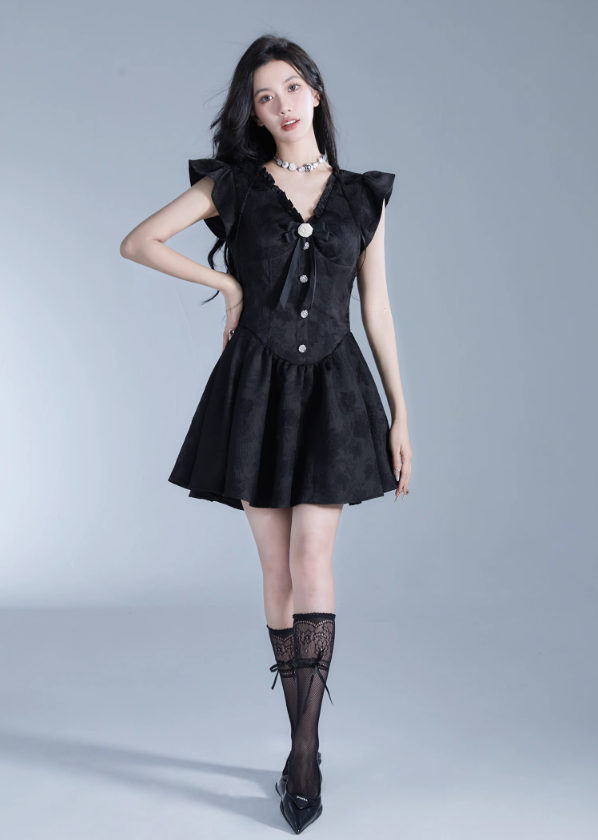 Vintage-Inspired Black Flutter Sleeve Mini Dress with Button Front