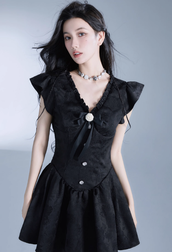 Vintage-Inspired Black Flutter Sleeve Mini Dress with Button Front