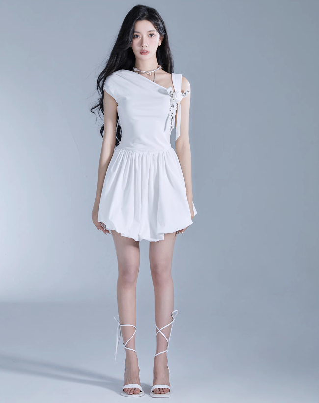 One-Shoulder Bow-Tie Mini Playsuit