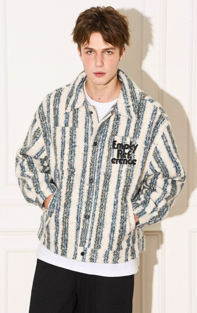 Cozy Striped Plush Pocket Embroidery Tweed Jacket - chiclara