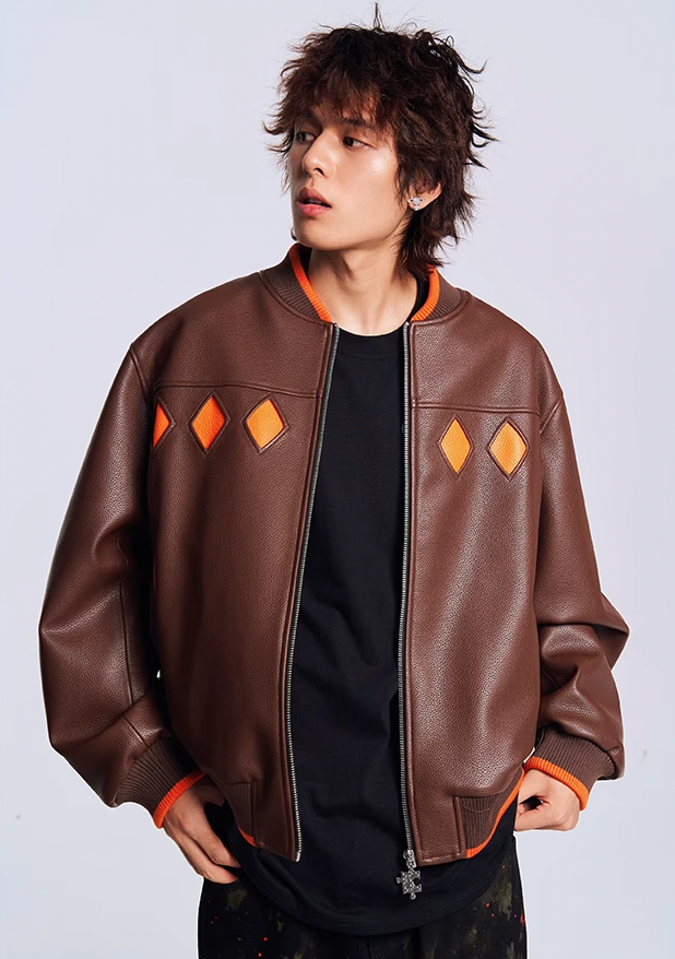 Eye-Catching Diamond Color Clash Leather Baseball Jacket - chiclara