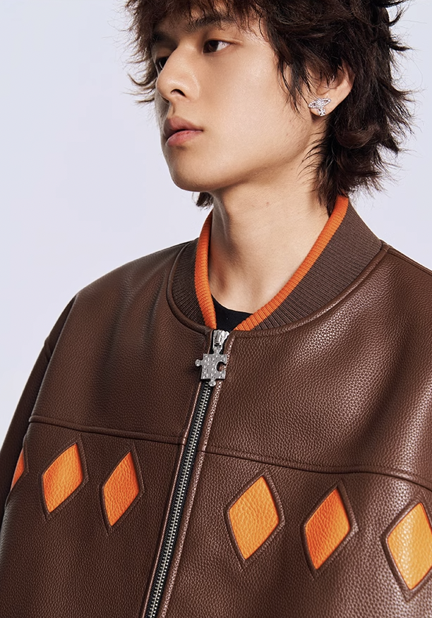 Eye-Catching Diamond Color Clash Leather Baseball Jacket - chiclara