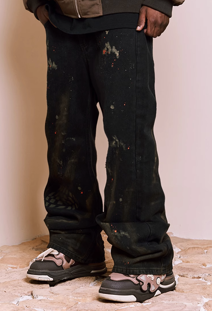 Washed Splash Ink Destroyed Shoe Print Pants - chiclara