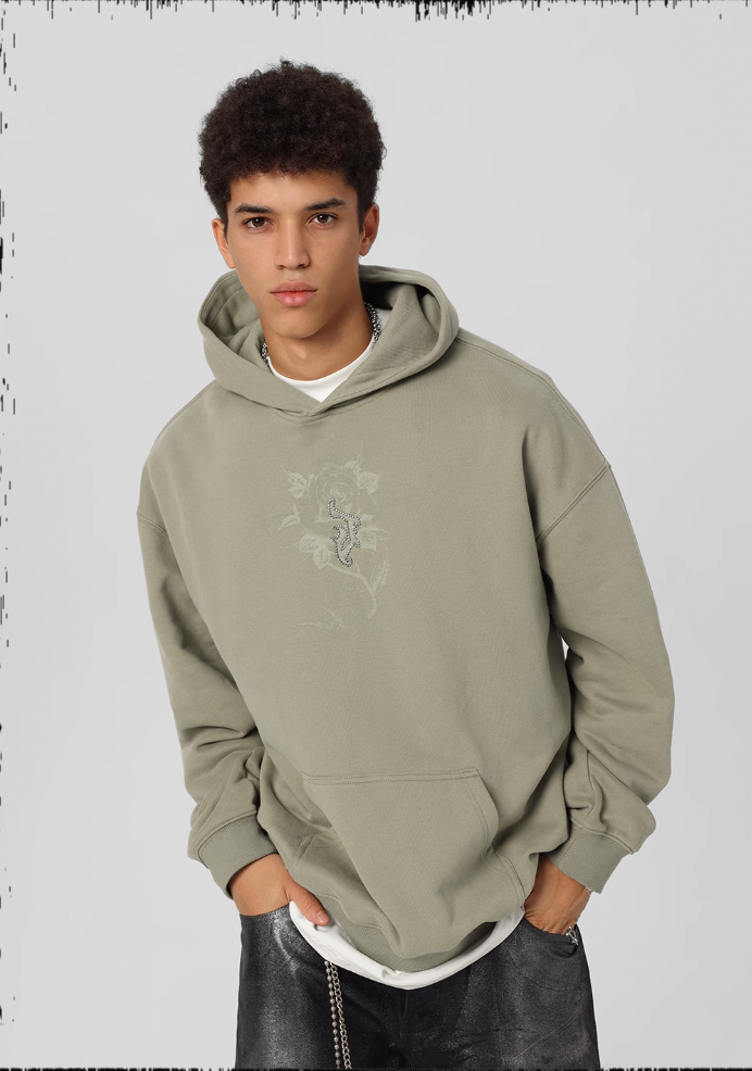 Embroidered Beaded Rose Print Hoodie - chiclara