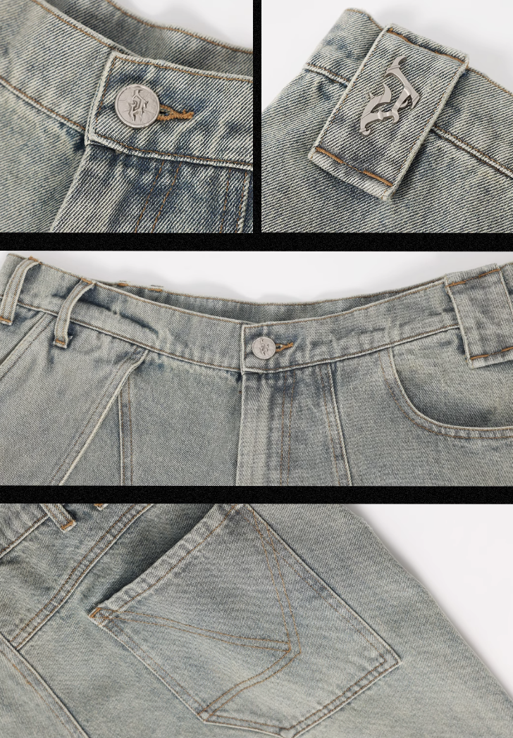 Side Strap Work Washed Denim Jeans - chiclara