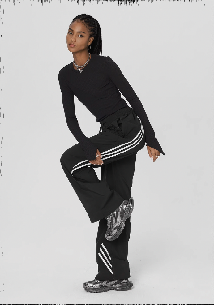 Striped Paratrooper Drawstring Sports Pants - chiclara