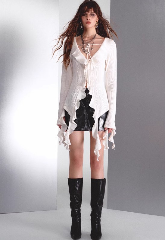 Ruffled Hem Blouse With Leather Vest And Mini Skirt Set - chiclara