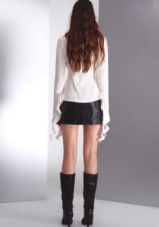 Ruffled Hem Blouse With Leather Vest And Mini Skirt Set - chiclara