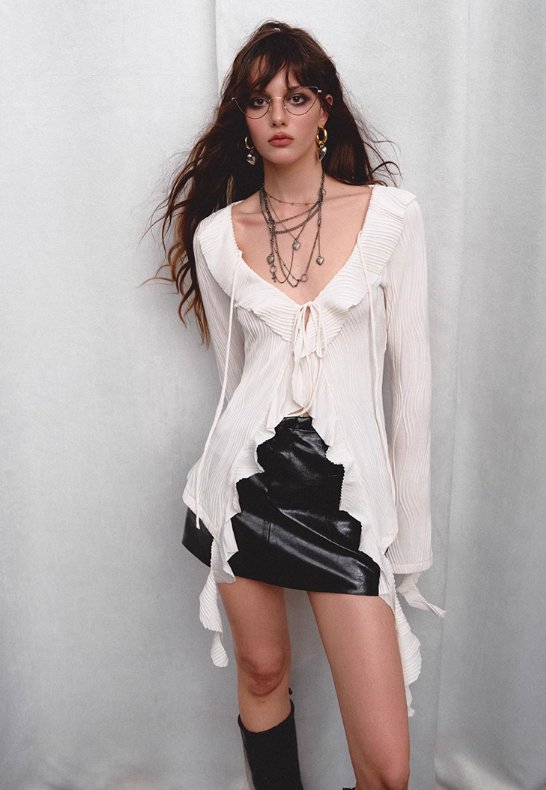 Ruffled Hem Blouse With Leather Vest And Mini Skirt Set - chiclara