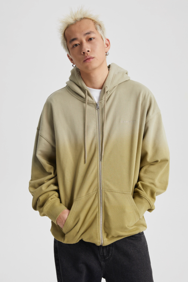 Trendy Washed Gradation Dye Zipper Hoodie - chiclara