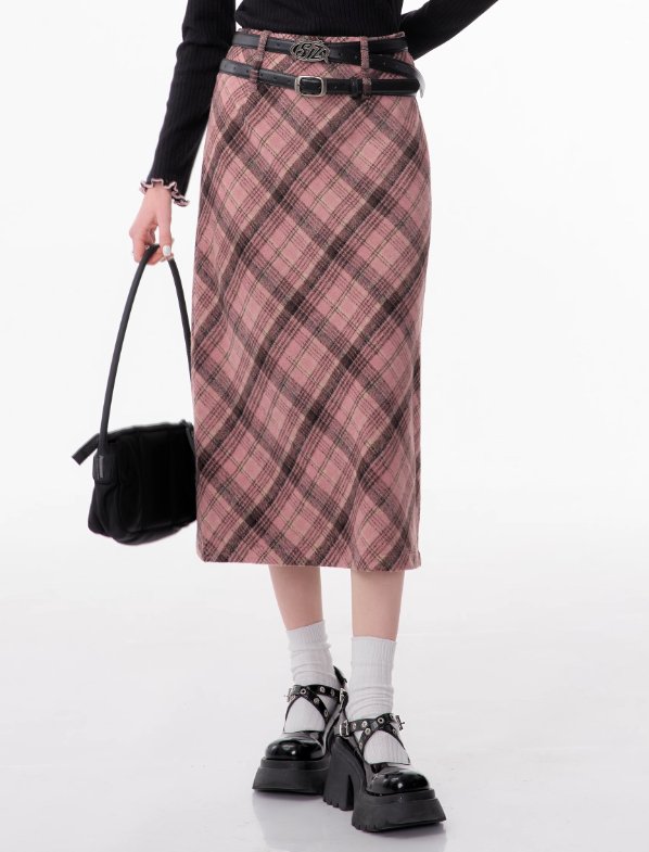 Pink Tartan Midi Skirt