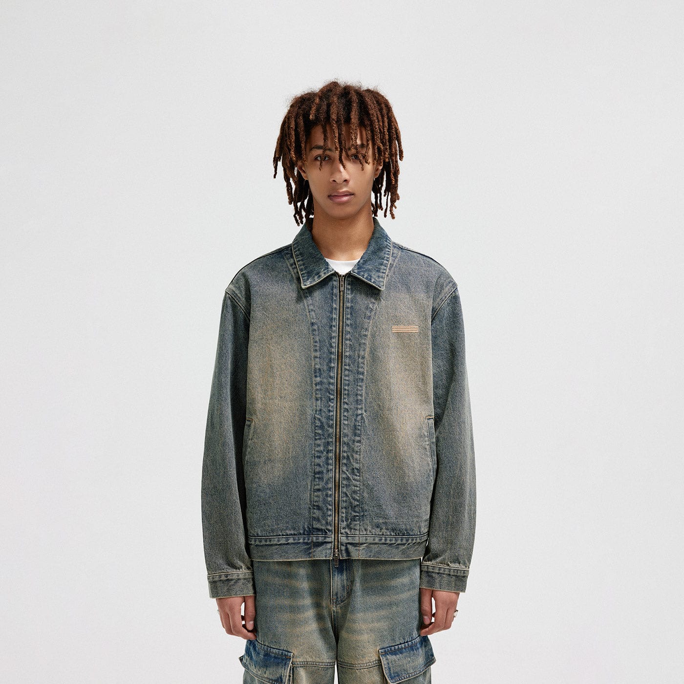 Washed Denim Zip-Up Jacket