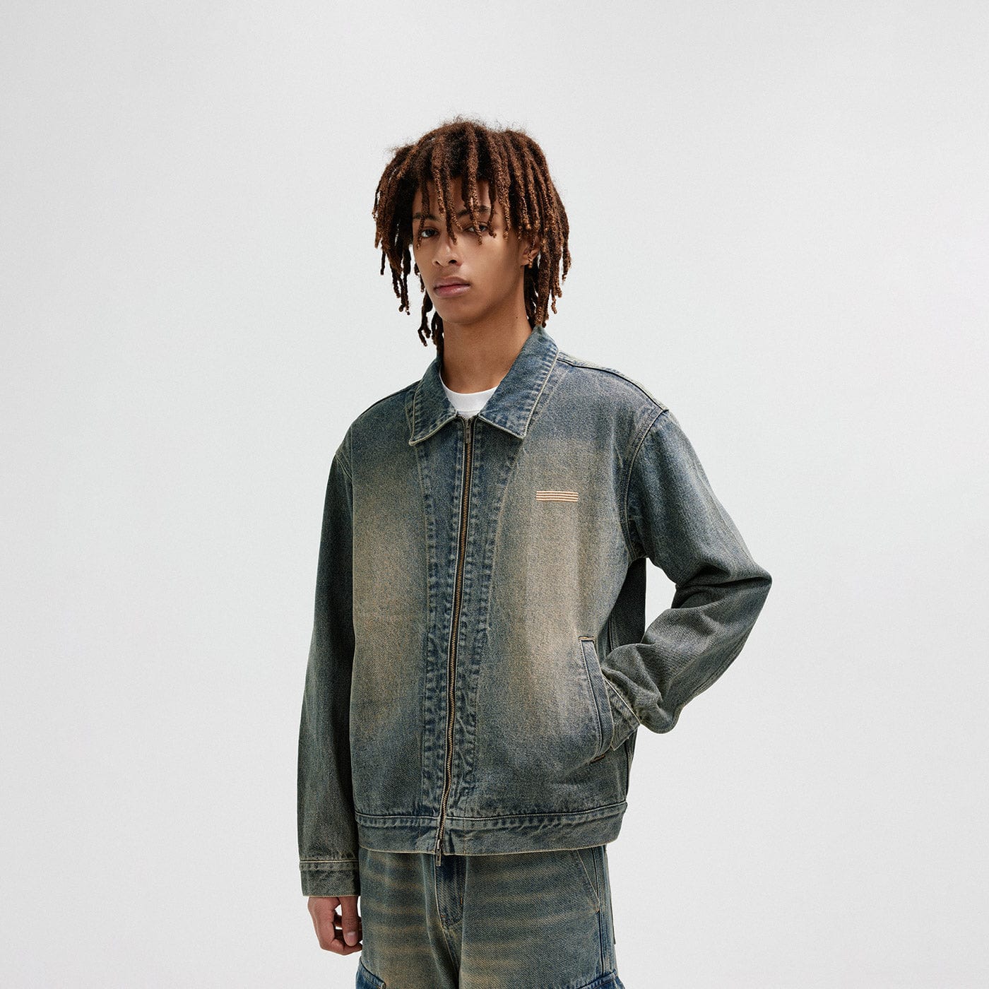 Washed Denim Zip-Up Jacket