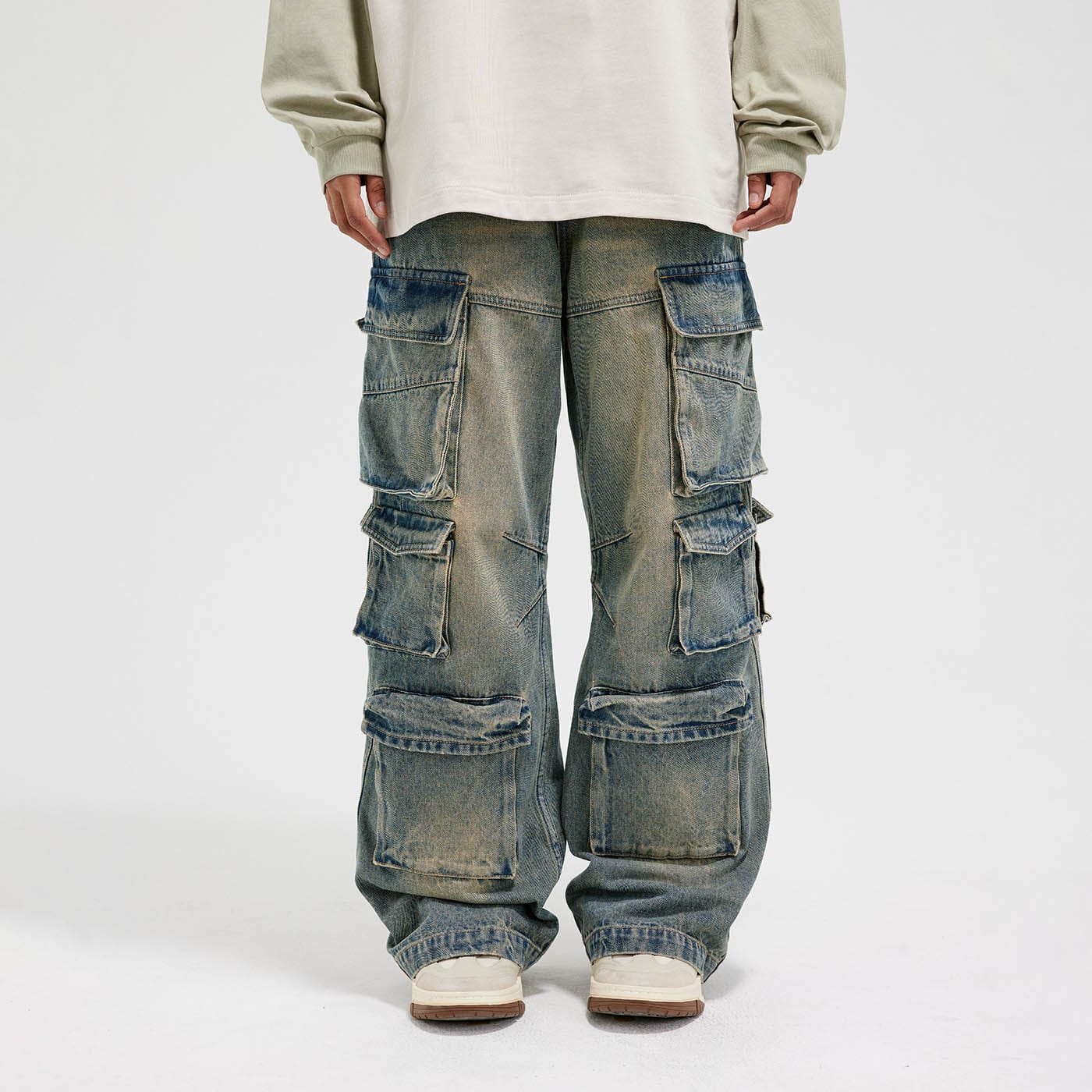 Multi-Pocket Faded Cargo Denim Jeans