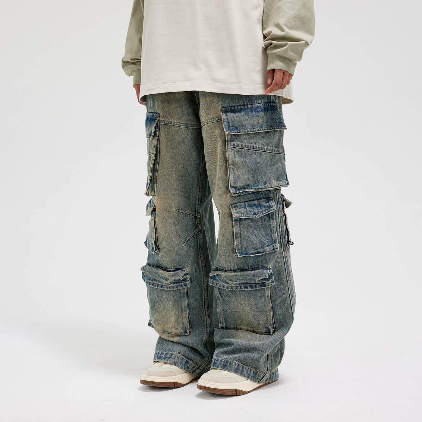 Multi-Pocket Faded Cargo Denim Jeans