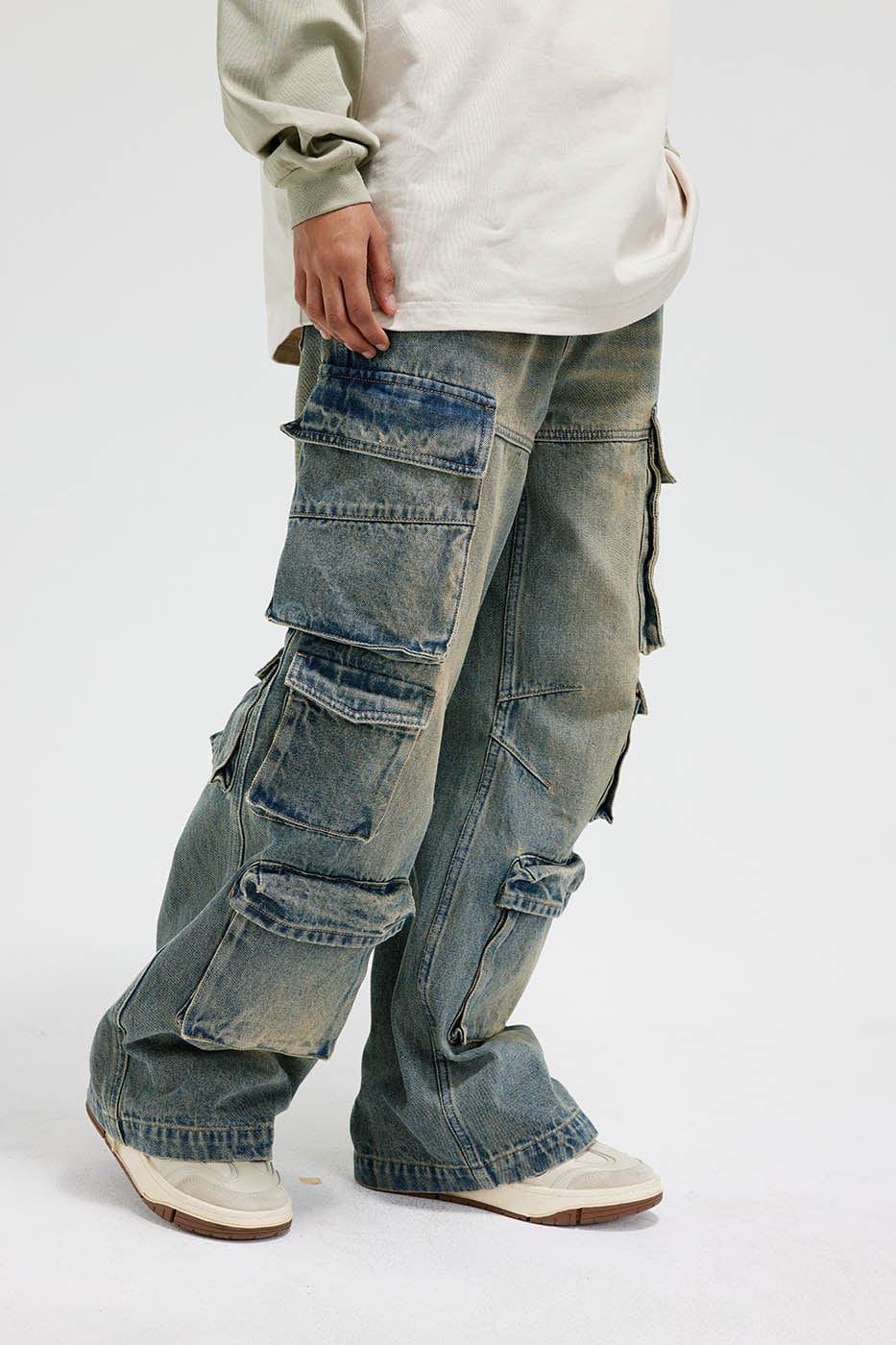 Multi-Pocket Faded Cargo Denim Jeans